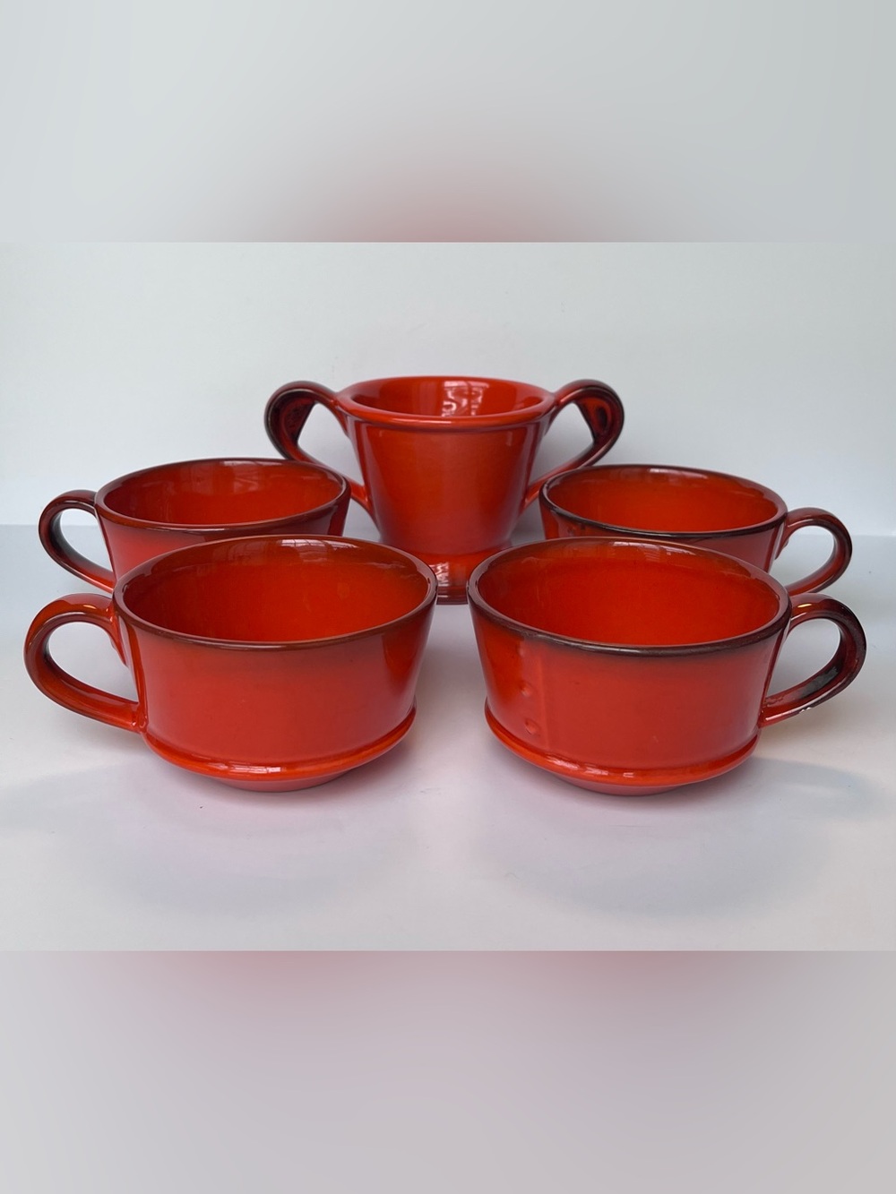 Vintage METLOX Poppytrail Vernon Red 5-Piece Coffee Set MCM Mugs & Sugar Bowl